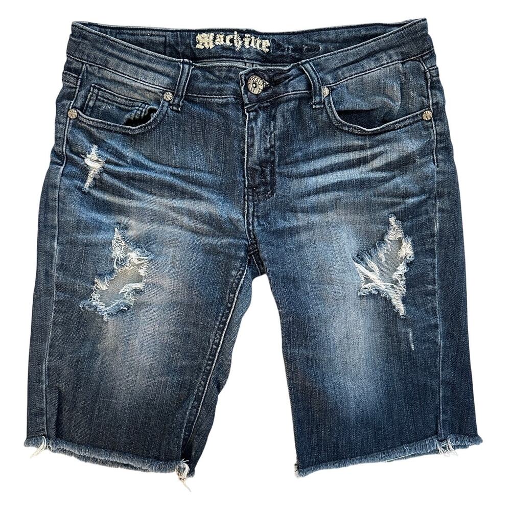 Machine Distressed Denim Bermuda Shorts – Size L , Blue Ripped Jean Cutoffs